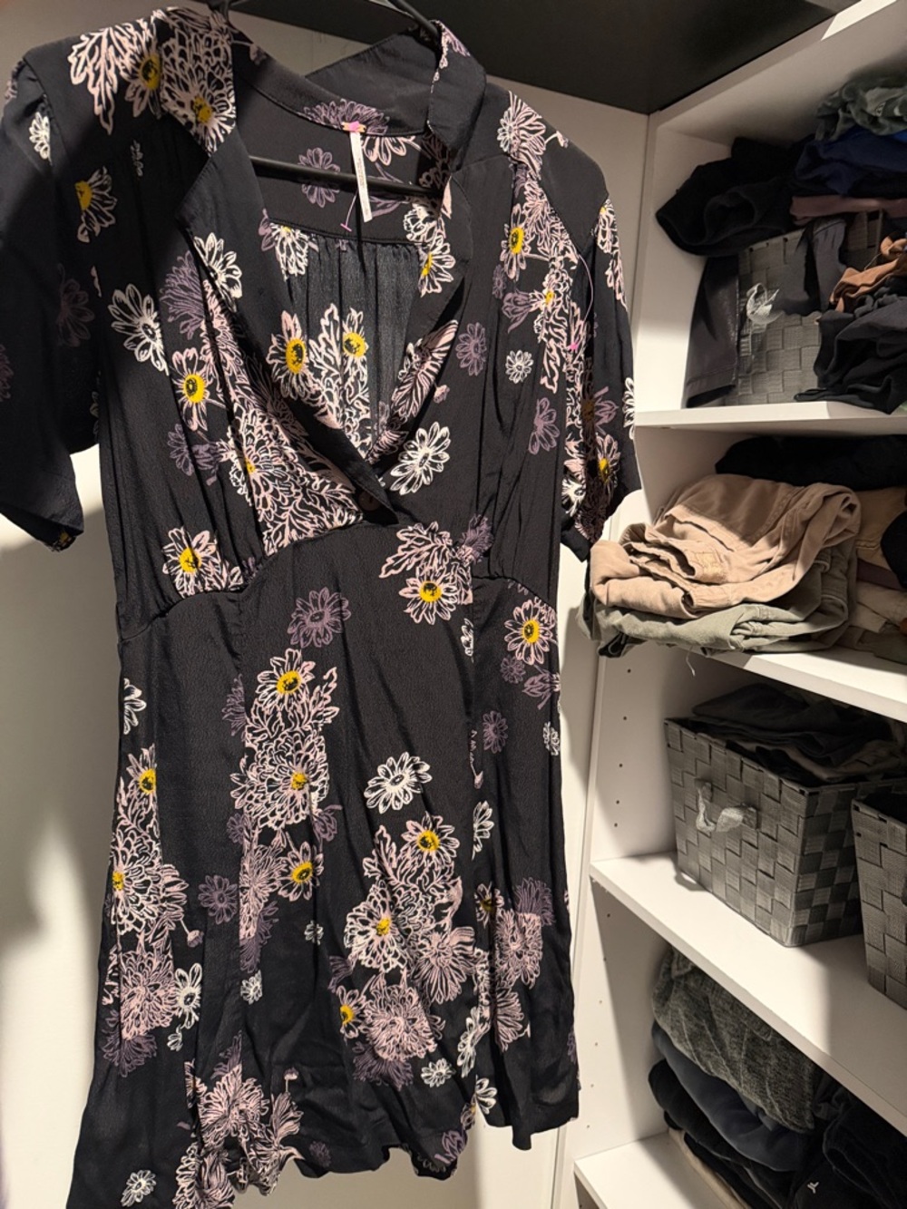 Free People Black Mini Dress with Pink & Yellow Floral Print